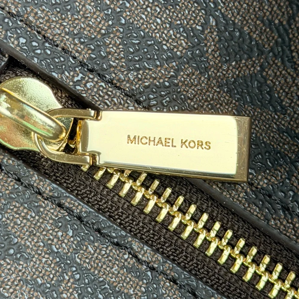 Michael Kors Addie Large Hobo Bag Brown Signature Logo Leather Trim Gold